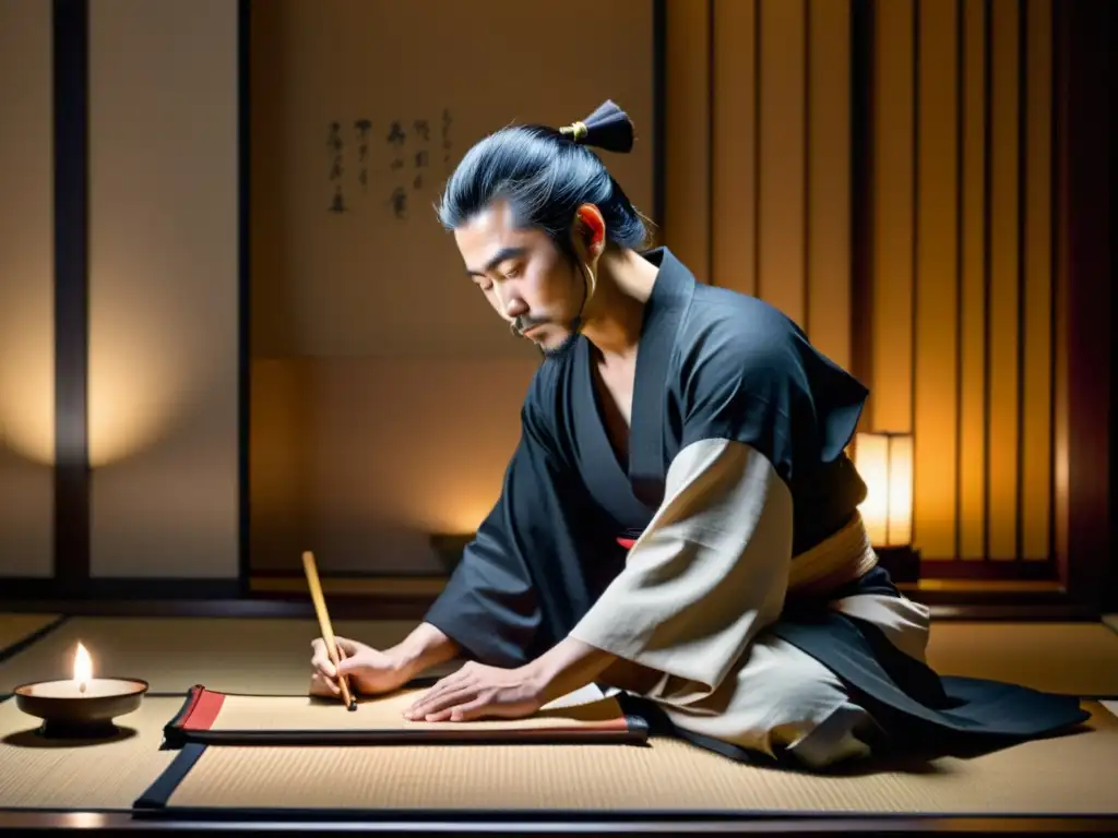 Samurai componiendo jisei: serenidad y poesía Imagen de un samurái componiendo un poema jisei en una habitación tradicional, rodeado de luz de velas y sonidos de shakuhachi