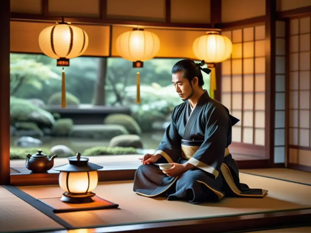 Imagen de un samurái participando en una solemne ceremonia del té, capturando la influencia de los Jesuitas en el Japón feudal