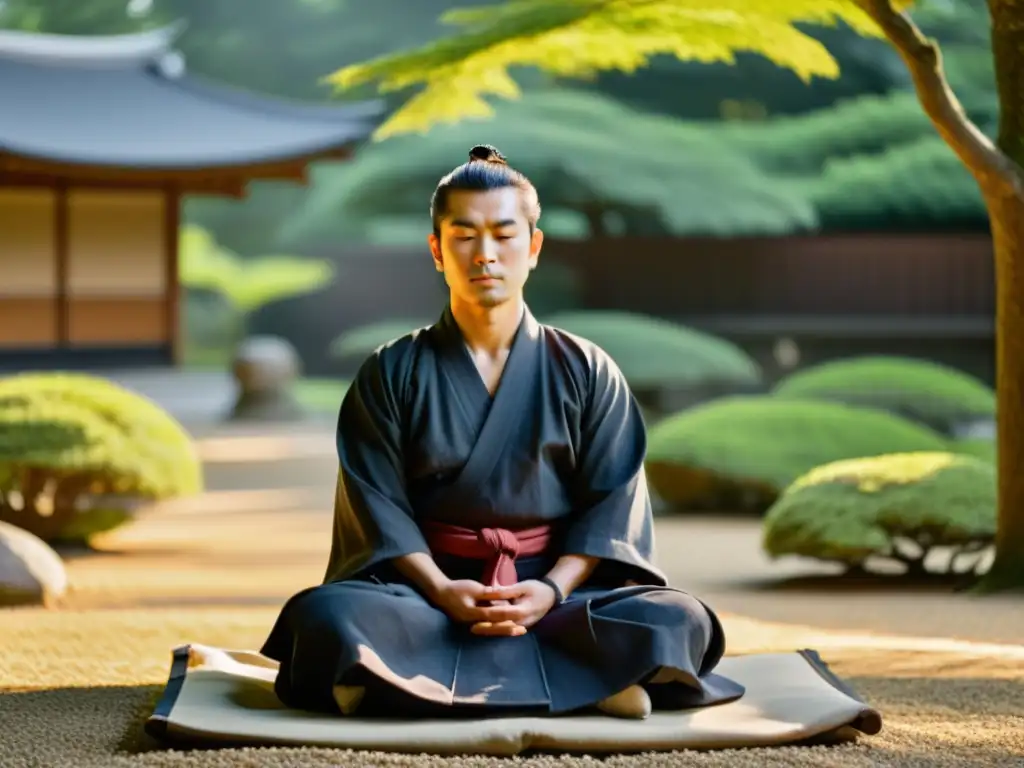 Imagen de un samurái en zazen, meditando en un jardín japonés al amanecer, evocando paz y fortaleza interior