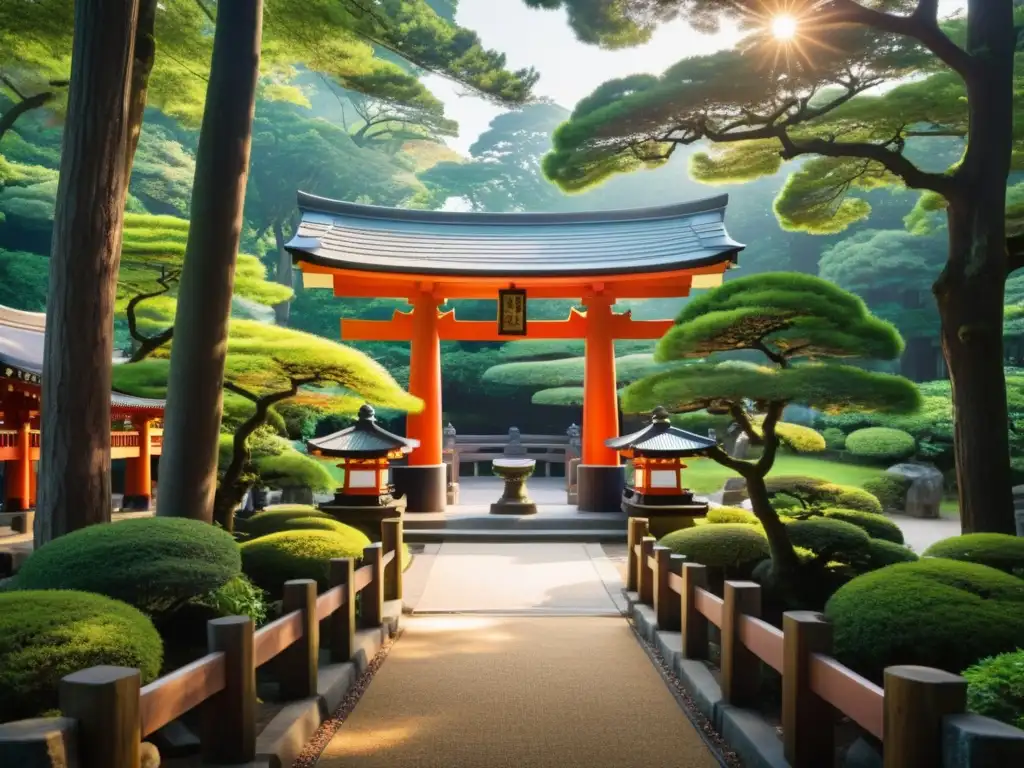 Imagen de un santuario Shinto rodeado de exuberante vegetación, con un torii y visitantes en atuendos tradicionales, evocando las peregrinaciones en la Tierra de los Samuráis