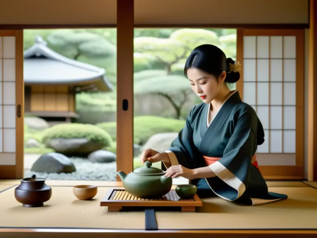 Imagen 8k de una serena ceremonia del té japonés en un jardín, con un maestro del té vestido con kimono