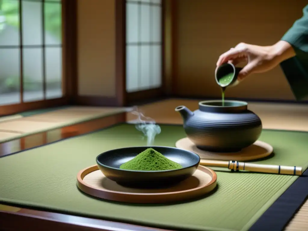 Imagen 8k de una serena ceremonia del té japonés, capturando la rutina diaria del Bushido en un ambiente tranquilo y elegante