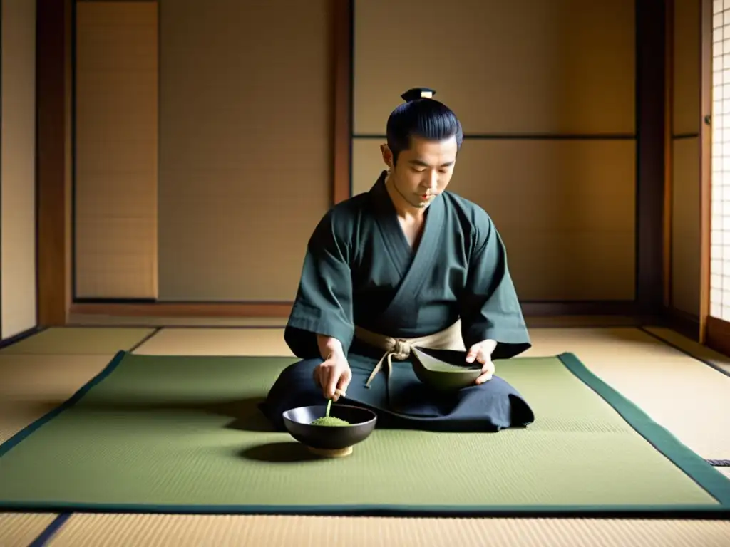 Imagen de una serena ceremonia del té japonés en una habitación tatami, capturando la vida diaria samurái era Edo