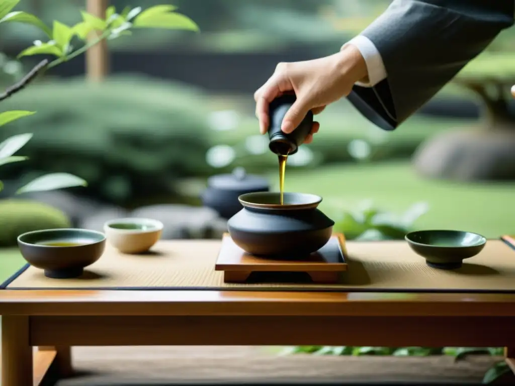 Imagen 8k de una serena ceremonia del té japonés en un jardín, capturando la concentración y precisión del maestro del té