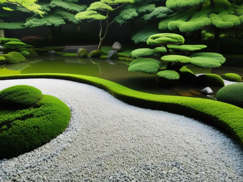Jardín Zen japonés: armonía y serenidad Imagen serena de un jardín zen japonés tradicional en blanco y negro, reflejando la filosofía zen en la era samurái