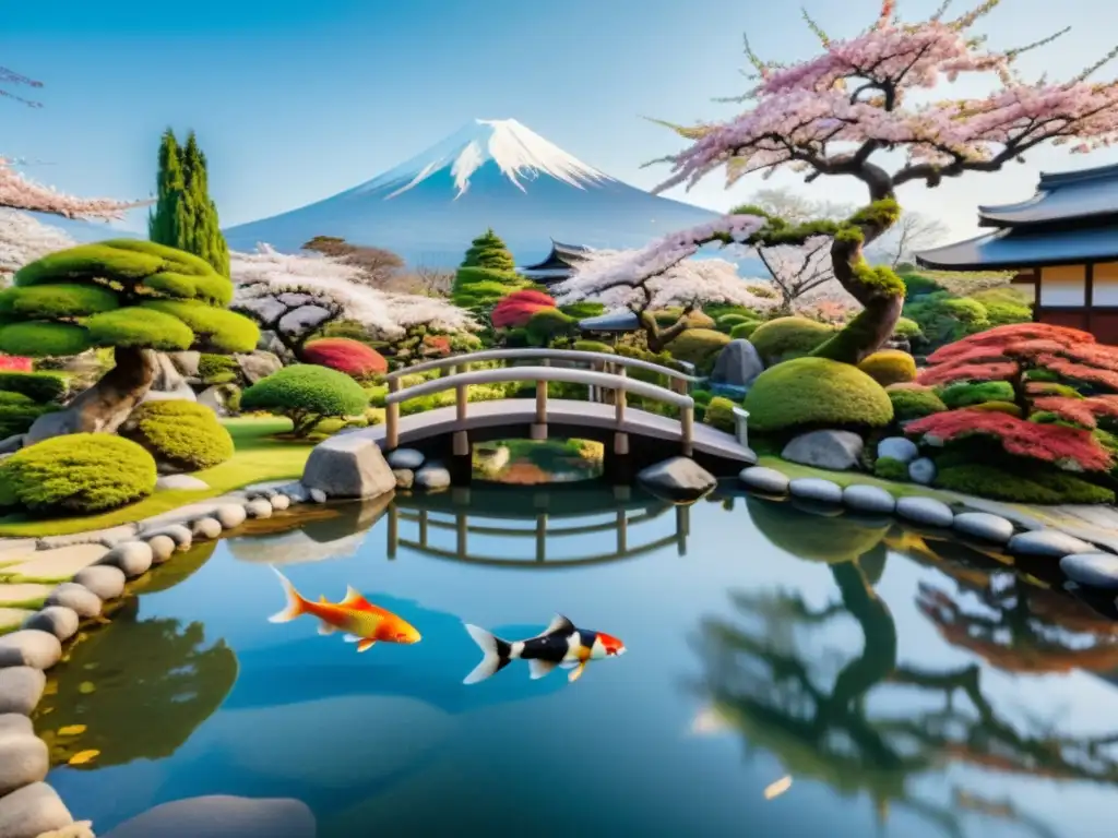 Imagen 8k de jardín japonés sereno con bonsáis, estanque de koi, puente de madera y vista de Monte Fuji, reflejando la dualidad zen y la estrategia samurái