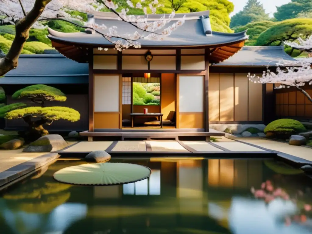 Imagen de un jardín sereno con casa de té japonesa, influencia estética samurái narrativa visual, arquitectura de madera y estanque de peces koi