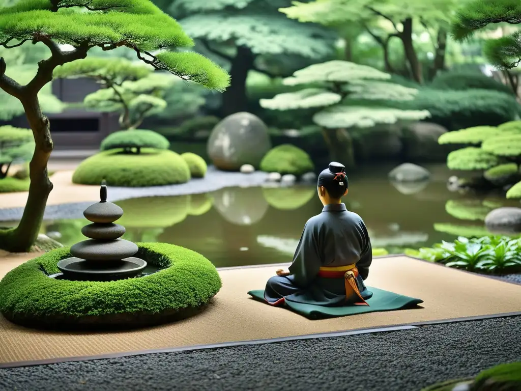 Imagen de jardín japonés sereno con espacio de meditación tradicional, estatua de samurái y persona practicando zazen