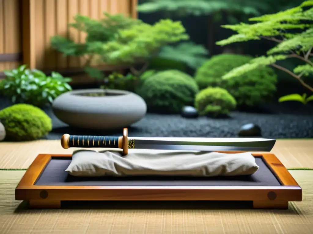 Imagen de un jardín Zen sereno con espada samurái y cojín de meditación, evocando la filosofía de Meditación Zen y el camino del samurái