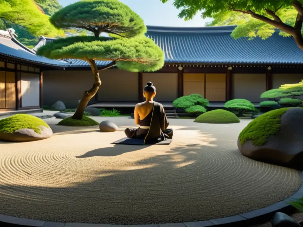 Imagen de jardín Zen sereno con gravilla cuidadosamente rastrillada, rocas y vegetación exuberante