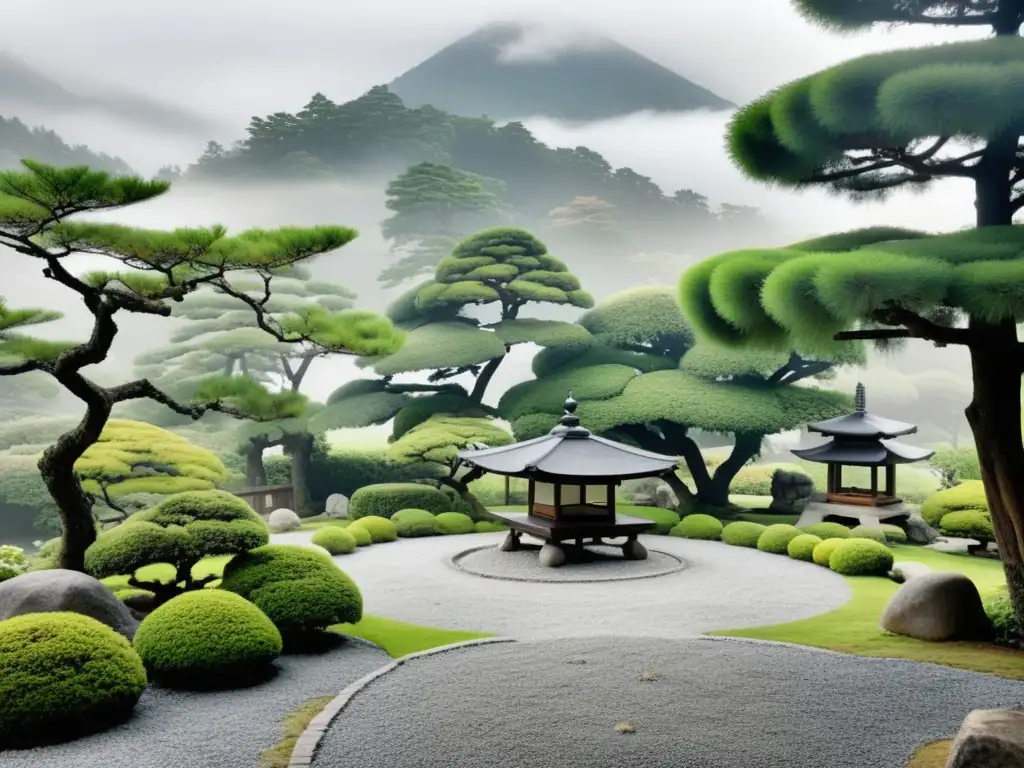 Imagen de un sereno jardín japonés con grava cuidadosamente rastrillada, linternas de piedra y una pequeña cabaña de meditación, rodeada de árboles