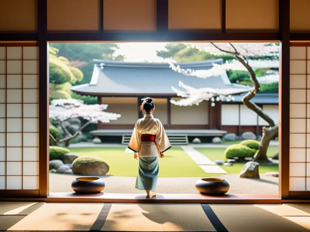 Imagen de un sereno jardín japonés con mujeres en kimono practicando artes marciales en un dojo samurái, desafiando roles de género