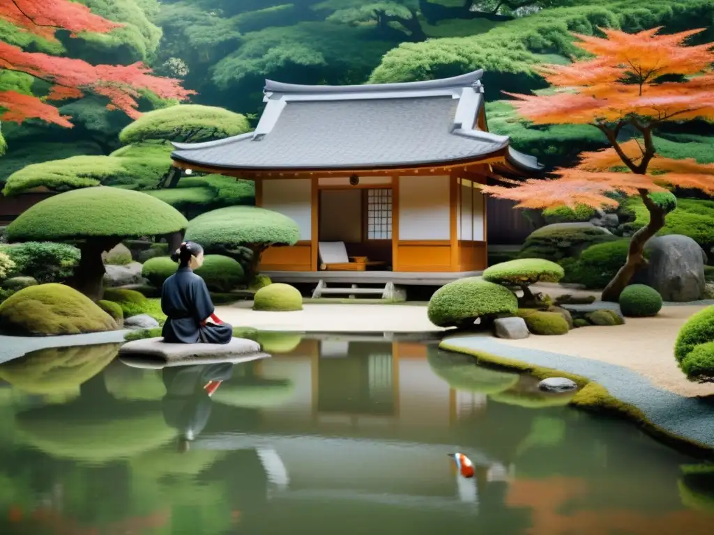 Imagen de un sereno jardín japonés con un samurái meditando, destacando la importancia del Zen en el entrenamiento samurái