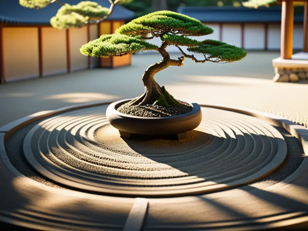 Imagen de un sereno jardín zen con patrones en la grava, rocas y vegetación minimalista