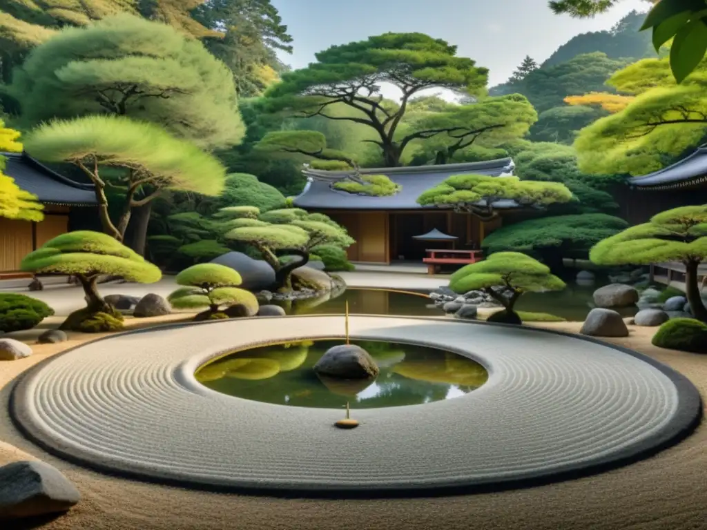 Imagen de un sereno jardín Zen con rocas, estanque y un dojo de Kyudo al fondo, mostrando las conexiones entre Zen y Kyudo