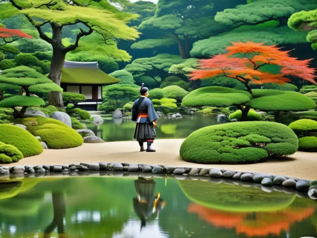 Imagen de jardín japonés sereno con samurái en armadura, reflejando la estética del haiku samurái como expresión estética japonesa