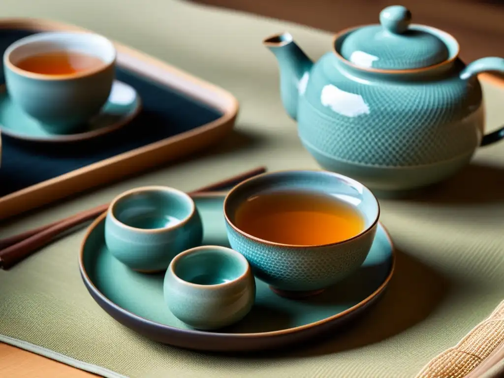 Una imagen con un set de té japonés tradicional, de cerámica delicada y minimalista