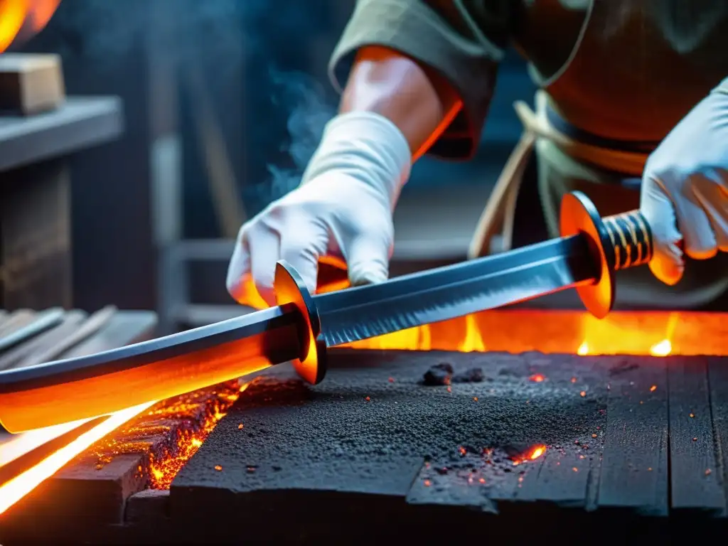 La imagen muestra las técnicas de forjado de una katana samurái con detalles y colores hipnóticos, creando una obra de arte en acero al rojo vivo