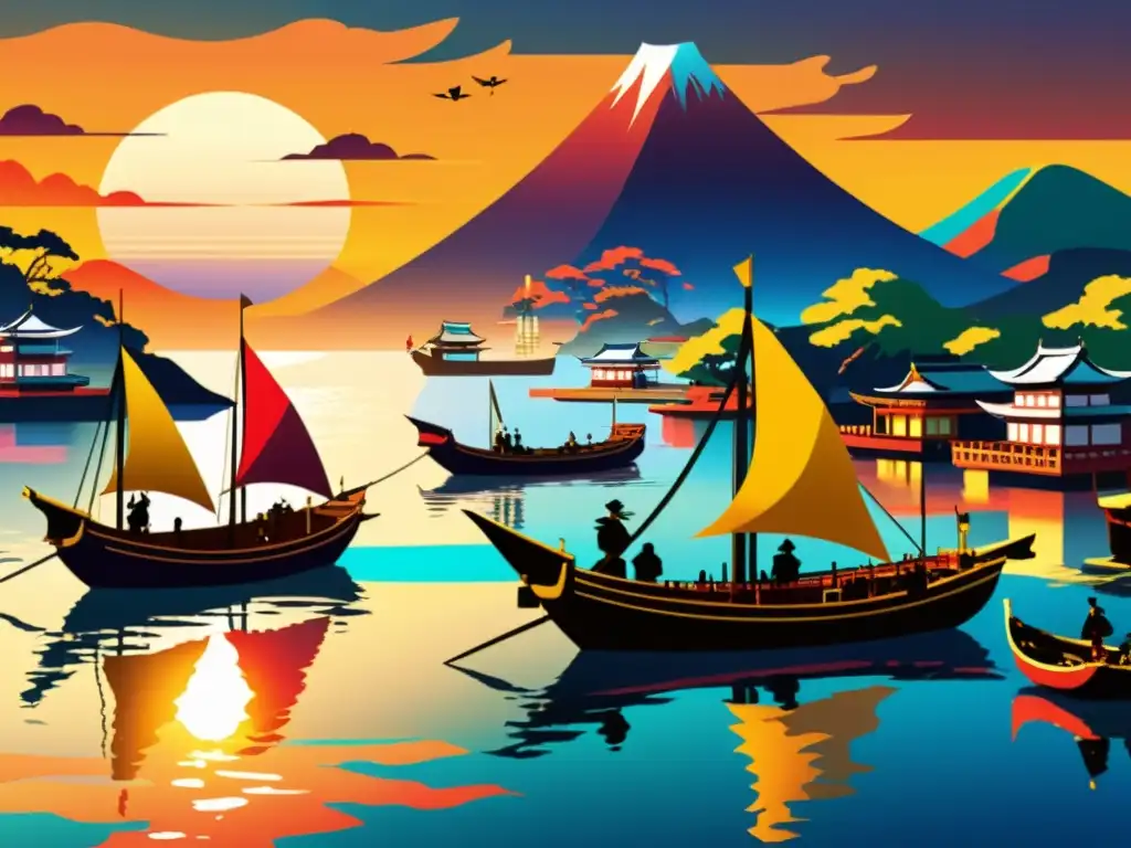 Paisaje histórico: Puerto bullicioso de piratas samurái en Japón feudal Imagen de tecnología naval de los Wokou Samurai en un bullicioso puerto feudal de Japón, con barcos piratas y un atardecer dorado