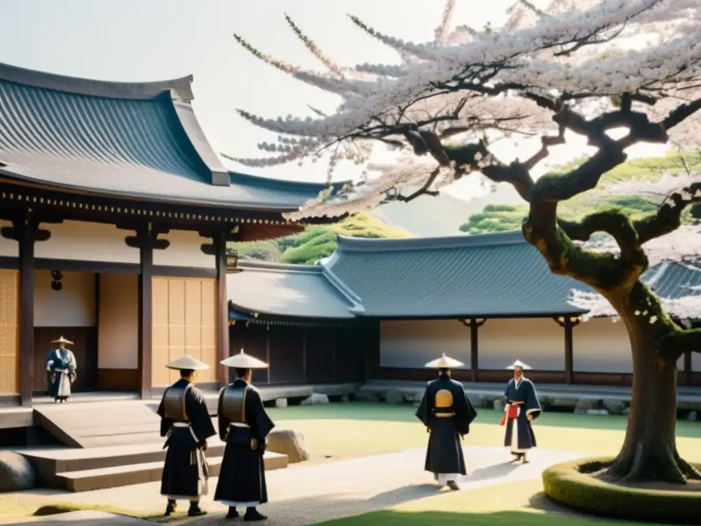 Imagen de un templo japonés antiguo con samuráis y jesuitas negociando poder y fe en un jardín de cerezos en blanco y negro