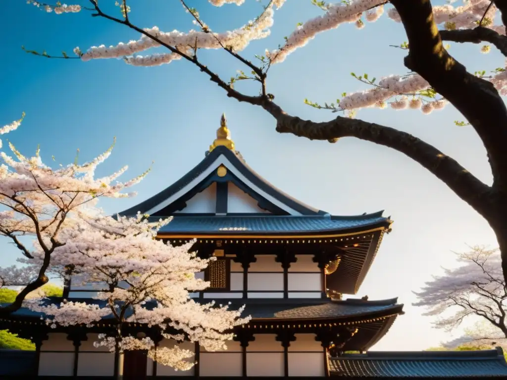 Imagen de un templo japonés rodeado de cerezos en flor, con un samurái contemplativo