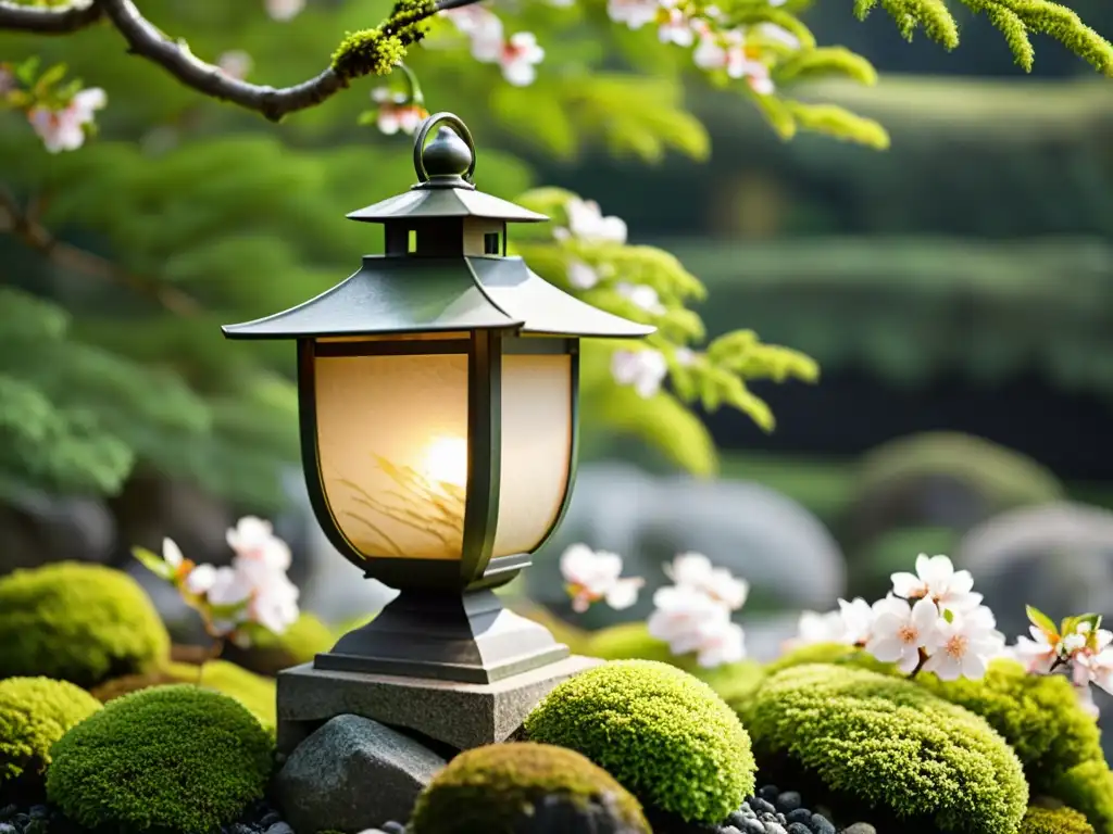 Imagen de un tōrō japonés en un jardín tradicional, con musgo verde, sakura y luz cálida