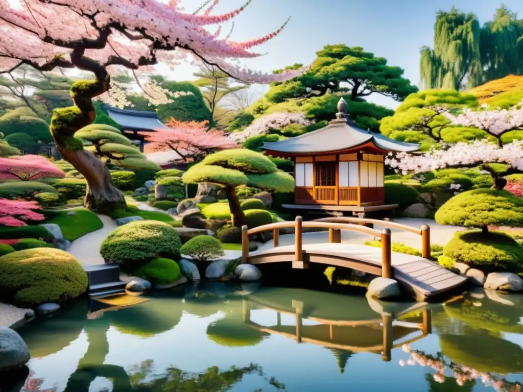 Imagen de un jardín japonés tradicional con bonsáis, estanque, casa de té y cerezos en flor