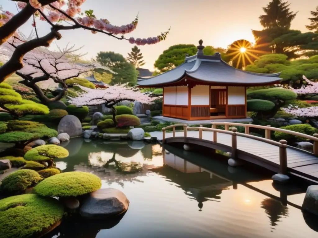 Jardín Japonés al Atardecer: Serenidad Samurai Imagen de un jardín japonés tradicional al anochecer, con un estanque, puente de madera y una casa de té entre cerezos en flor