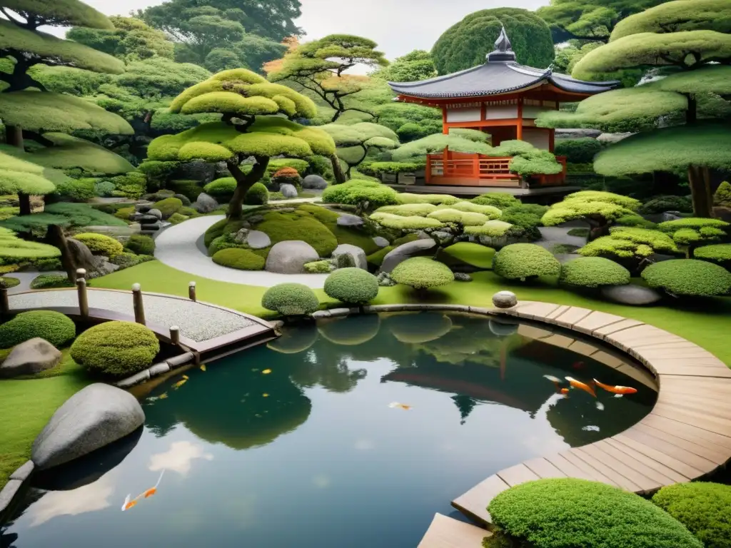 Imagen de jardín japonés tradicional con función estratégica, evocando la belleza de los jardines de época samuráis