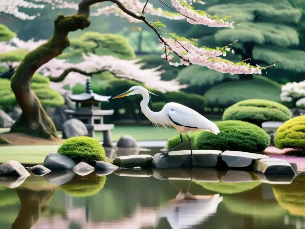 Imagen de un jardín japonés tradicional con un hermoso garza blanca junto al estanque, reflejando las creencias samuráis sobre animales sagrados