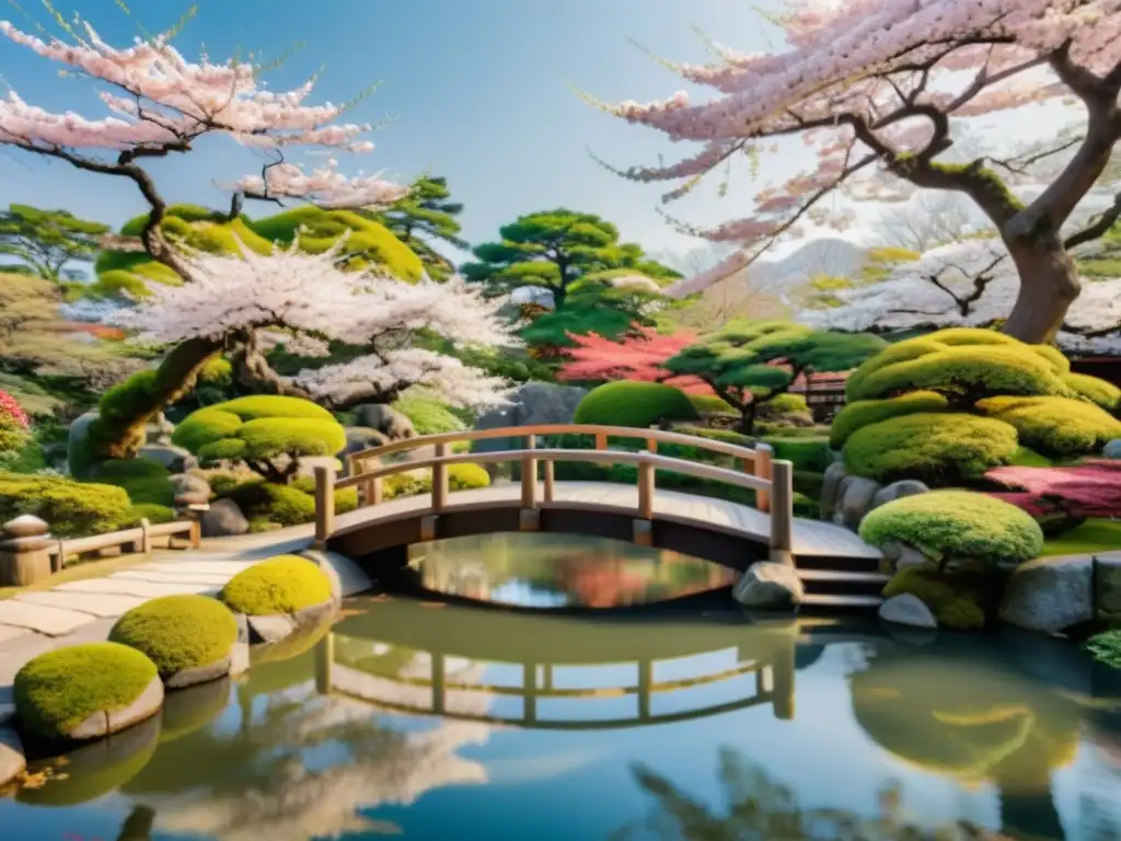 Imagen 8k de jardín japonés tradicional con samurái en puente de madera rodeado de cerezos en flor