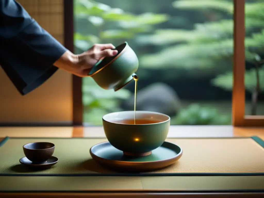 Imagen tranquila de una ceremonia del té japonés tradicional, con movimientos precisos del maestro y una atmósfera de serenidad