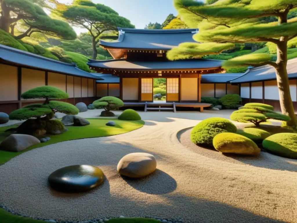 Imagen 8k de un tranquilo jardín japonés con un pabellón de meditación y una espada samurái