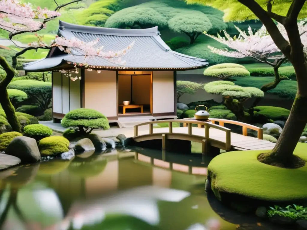 Imagen de un tranquilo jardín japonés con ritual del té samurái mindfulness