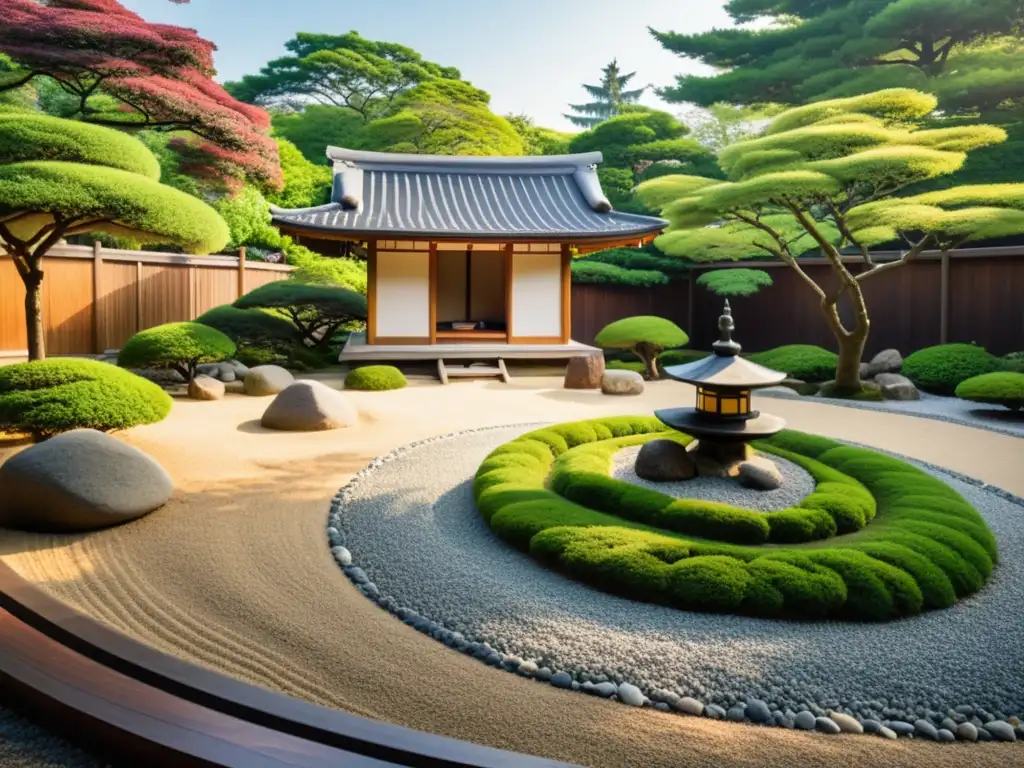 Imagen de un tranquilo jardín Zen japonés con rocas, vegetación vibrante y una cabaña de meditación de madera, rodeada de árboles exuberantes y flores