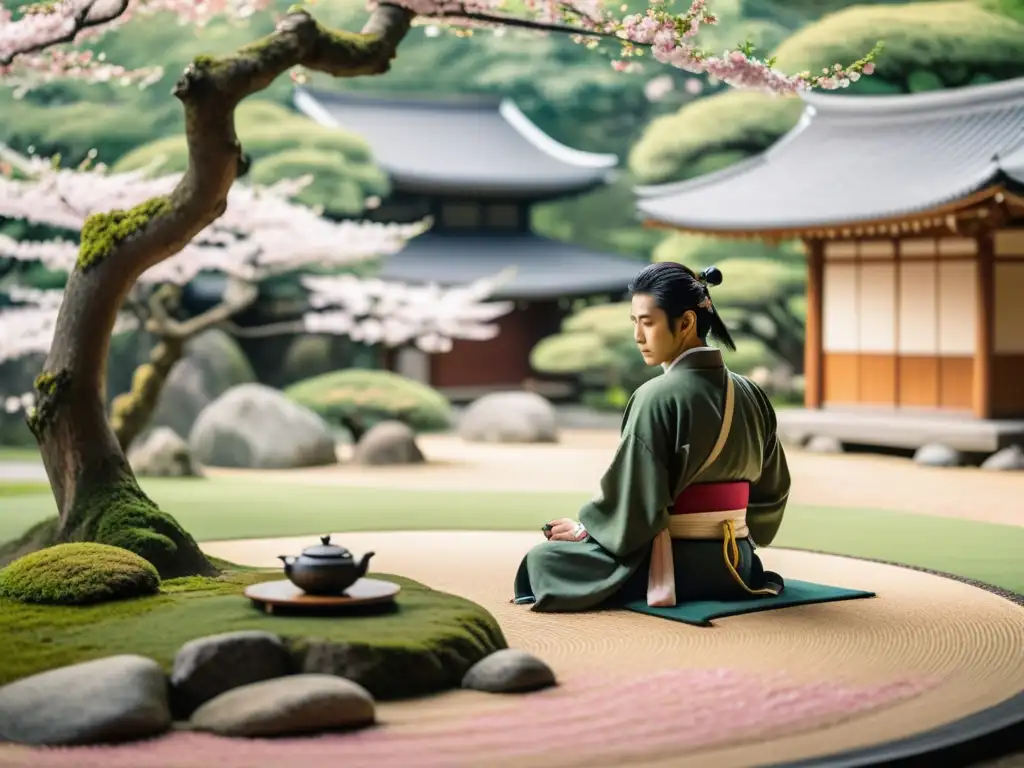 Imagen 8k de un tranquilo jardín japonés con un solitario samurái disfrutando de té matcha, rodeado de cerezos en flor y montañas, evocando retiros de silencio inspirados samurái