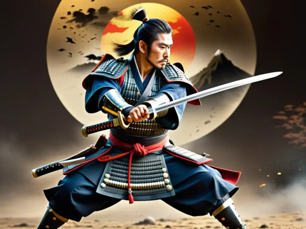 Samurái en combate: detalle ultraHD Imagen ultraHD de un samurái en combate, con expresión intensa y precisión al blandir una katana