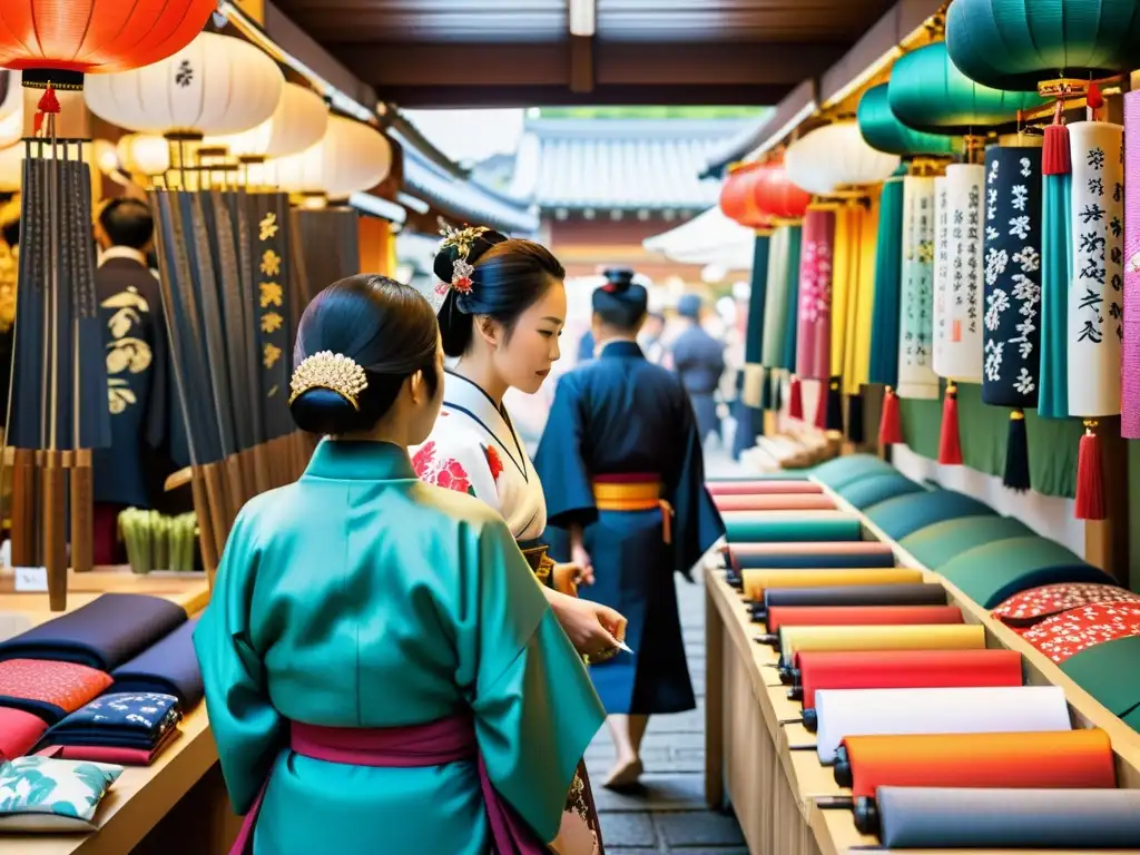 Mercado japonés tradicional: espadas samurái, kimonos y cultura Imagen vibrante de un bullicioso mercado japonés con katanas, armaduras, kanzashi y kimono