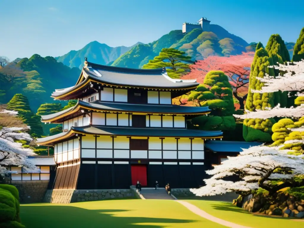 Imagen vibrante del histórico Castillo de Hagi, cuna de la Revolución Meiji, con arquitectura tradicional japonesa y cerezos en flor