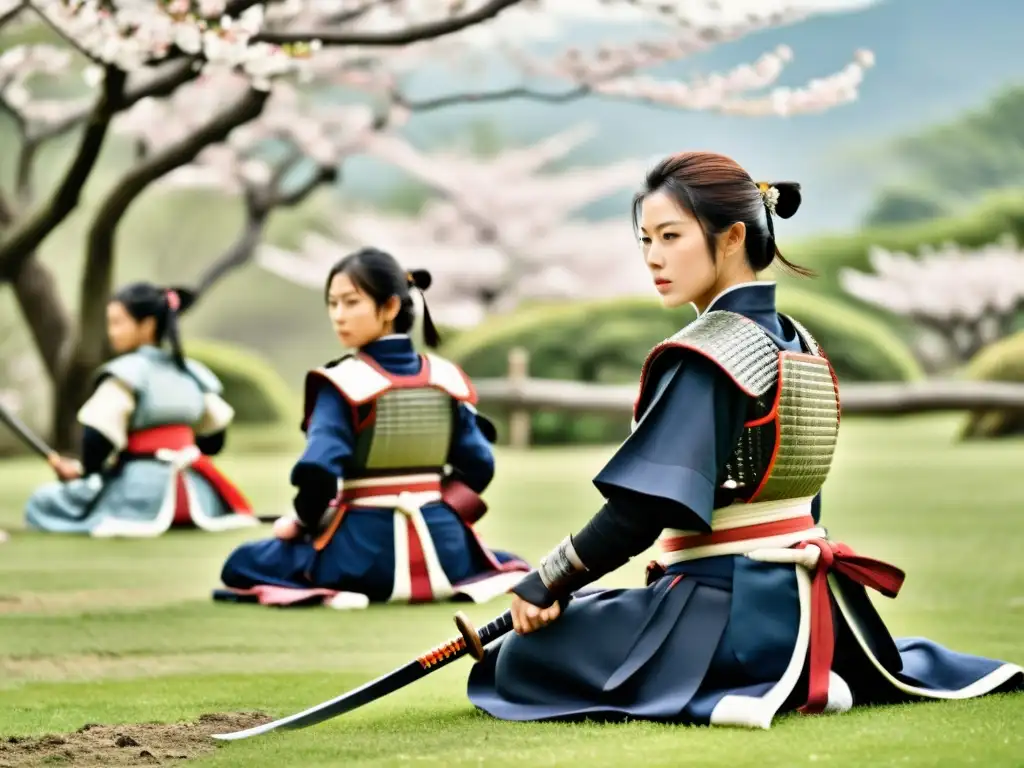 Imagen de vida y disciplina de mujeres samurái entrenando en un entorno tranquilo con armas tradicionales, reflejando su papel en la sociedad samurái