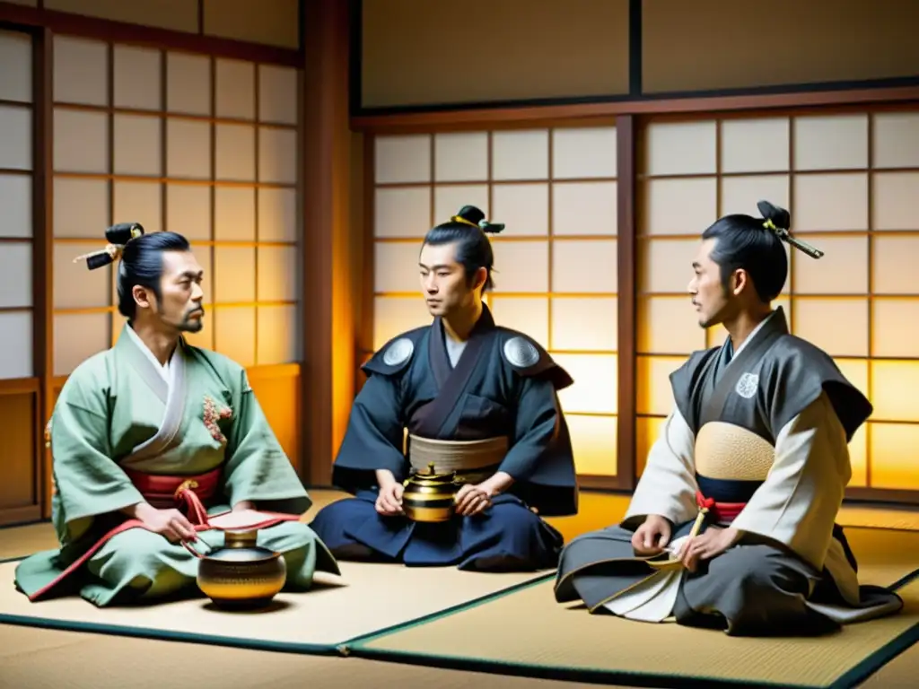 Imagen de la vida de los samuráis en la Era Meiji, con una ceremonia de té tradicional y un sereno jardín japonés de fondo