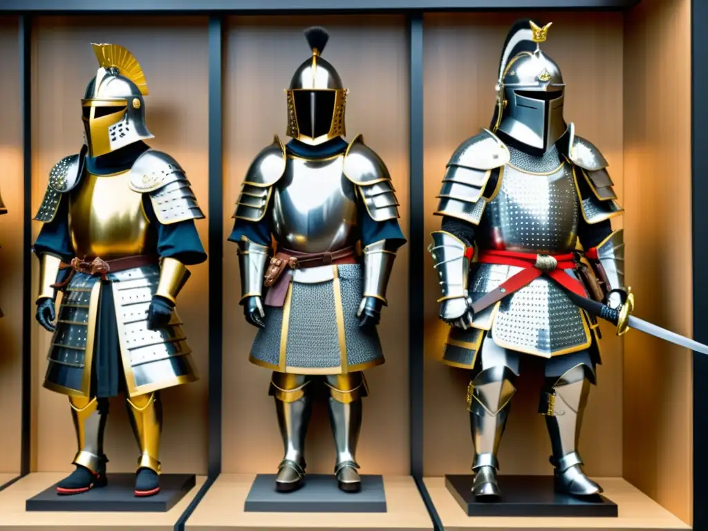 Comparación detallada: armadura de samurái vs Una impactante comparativa de armaduras samuráis y caballeros, resaltando la artesanía y significado histórico en una atmósfera de museo