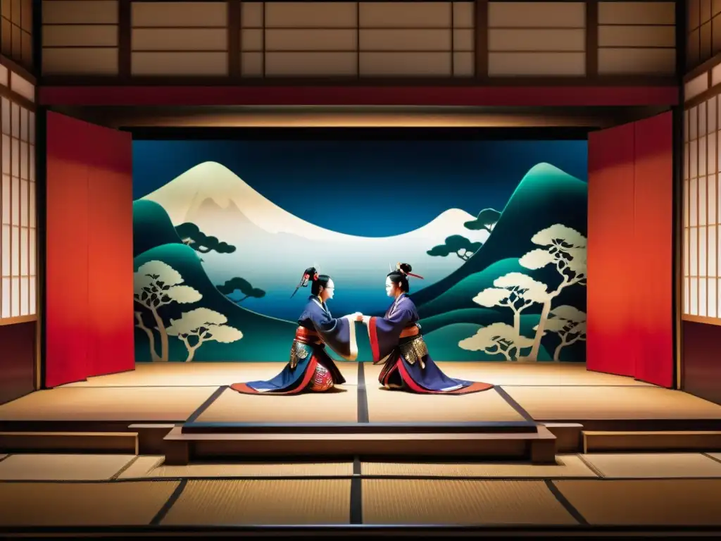 Una impactante imagen 8K detallada de un escenario de teatro Kabuki tradicional, con influencia samurái en decorados y trajes elaborados