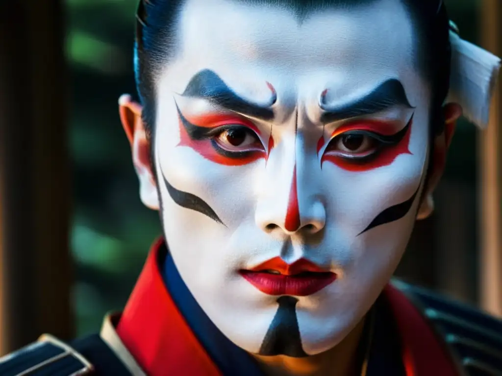 Representación impactante del Kabuki moderno: maquillaje de samurái meticuloso realza la intensa expresión del actor