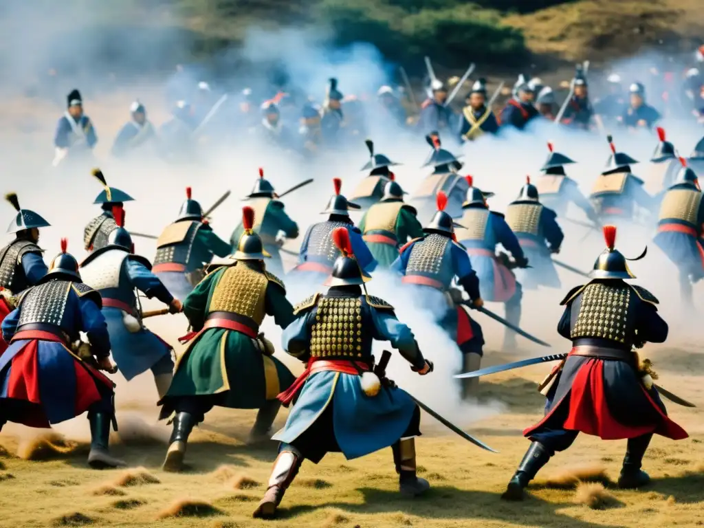 Impactante reencuentro de la Batalla de Sekigahara: samuráis en combate en un campo de batalla neblinoso