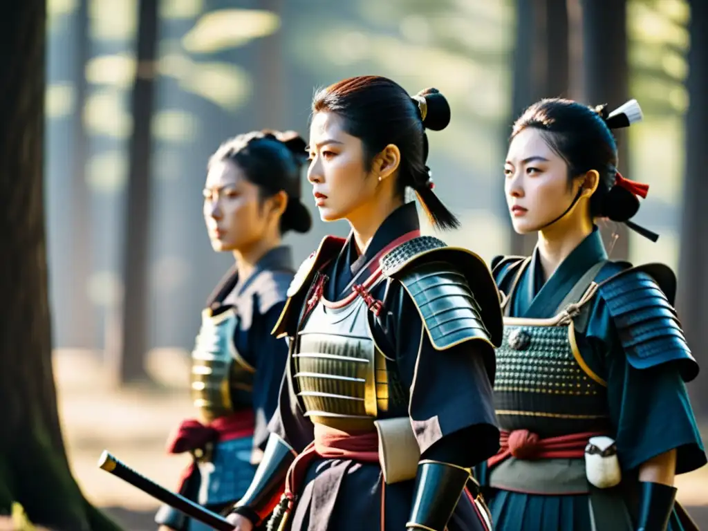 Un impactante retrato de mujeres samurái en el campo de batalla durante el periodo Sengoku, destacando su rol estratégico y determinación