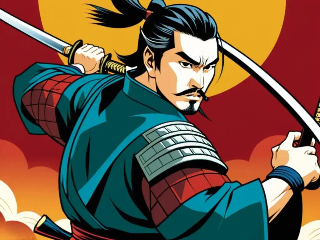 Combate de samurái: ilustración vibrante y detallada Impactante ilustración de un samurái en combate en una novela gráfica, con detalles y colores vibrantes que transmiten autenticidad y destreza