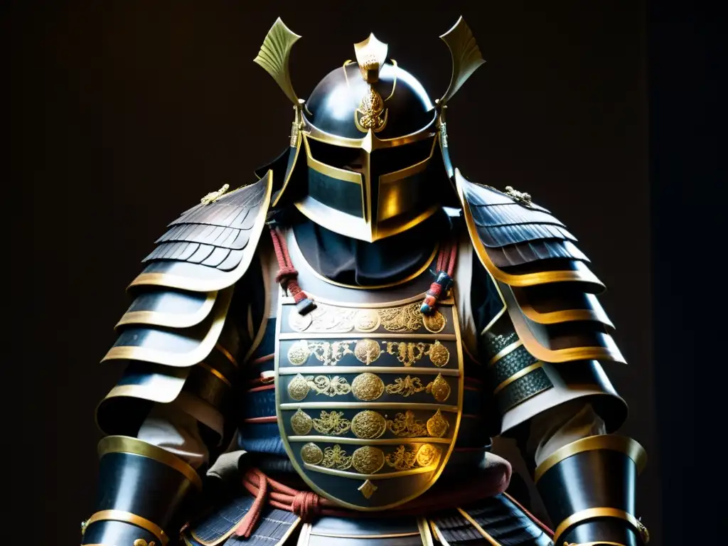 Imponente armadura samurai en exhibición, evocando importancia histórica y reverencia