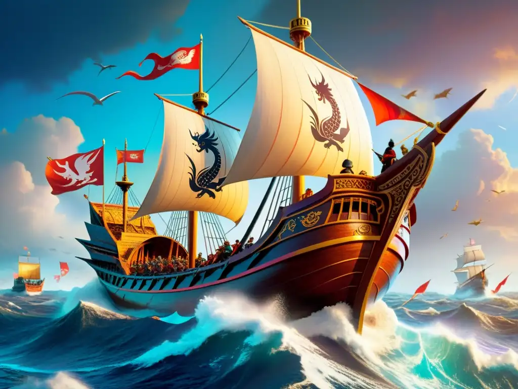 Batalla naval épica: barcos de guerra y dragones en alta mar Un imponente barco de madera con velas ondeantes, rodeado de una feroz batalla naval y una tormenta en el horizonte