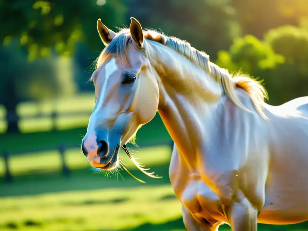 Imponente caballo Akhal-Teke con un pelaje metálico que refleja la luz como oro líquido, en un prado verde